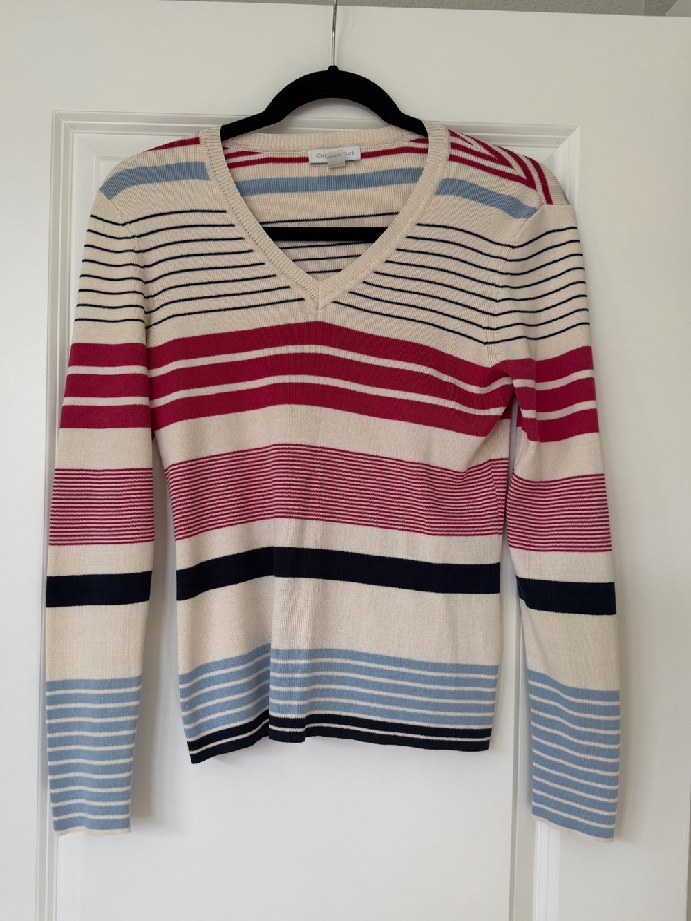 Charter Club Cream V-Neck Sweater with Red, Navy & Light Blue Stripes